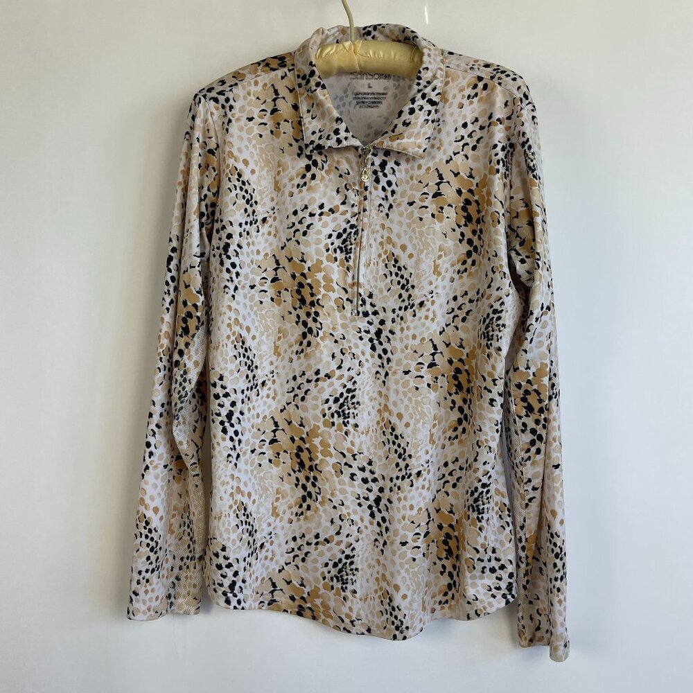 SanSoleil Women Animal Print 1/4 Zip Activewear Top Shirt Size L Tan Long Sleeve